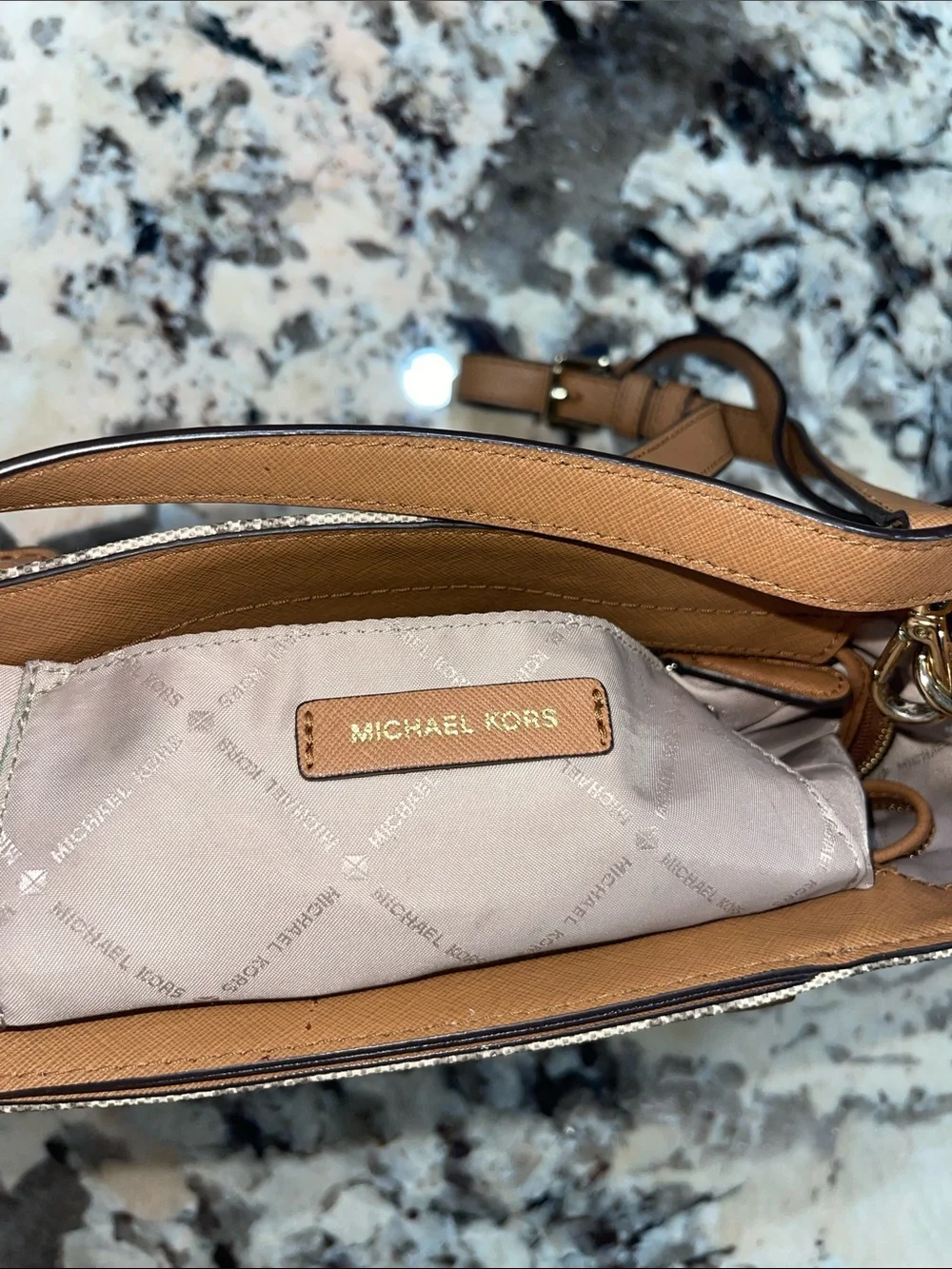 Michael Kors Beige MK Logo Satchel with Tan Trim and Gold Hardware